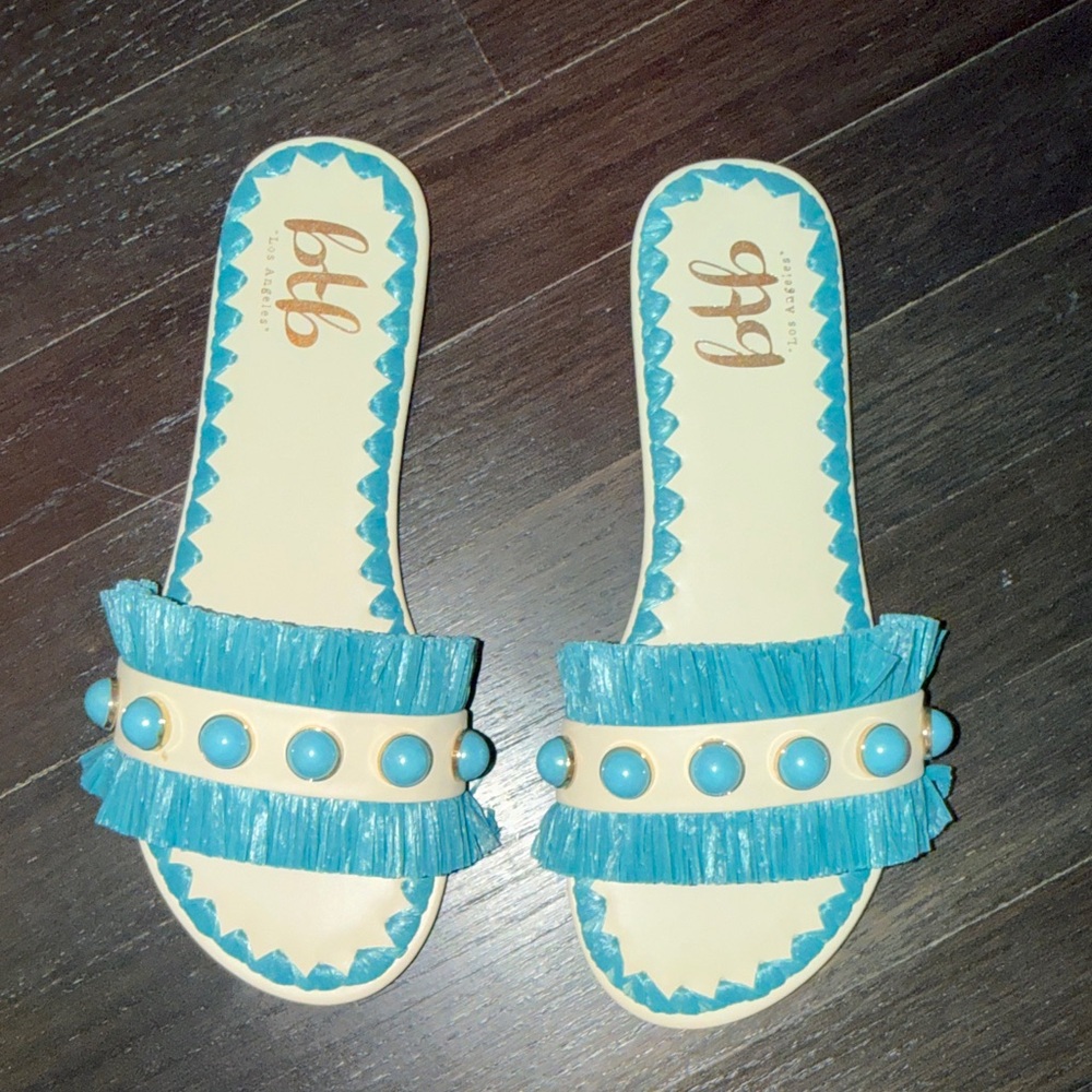 btb Los Angeles Blue Fringe Slide Sandals